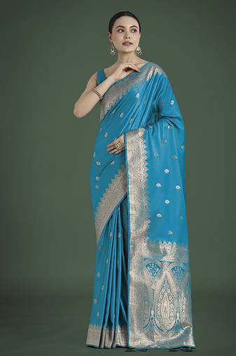 Divine cyan blue soft banarasi satin silk saree with blouse piece