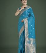Divine cyan blue soft banarasi satin silk saree with blouse piece