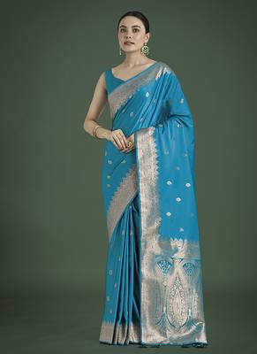 cyan blue banarasi satin silk blend zari woven saree with blouse piece 2