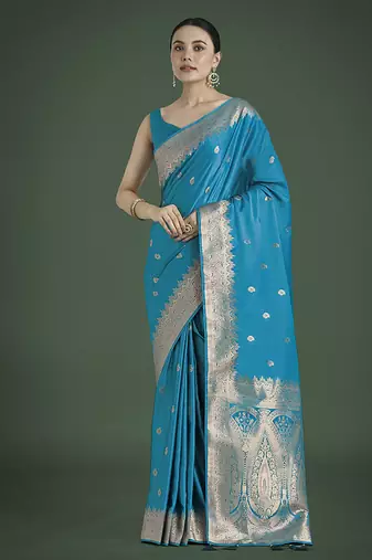 cyan blue banarasi satin silk blend zari woven saree with blouse piece