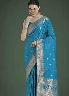 cyan blue banarasi satin silk blend zari woven saree with blouse piece 3