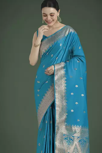 cyan blue banarasi satin silk blend zari woven saree with blouse piece