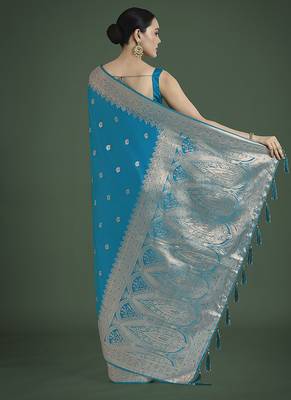 cyan blue banarasi satin silk blend zari woven saree with blouse piece 4