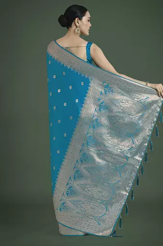 cyan blue banarasi satin silk blend zari woven saree with blouse piece