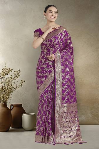 Effervescent purple soft banarasi satin silk saree with elision blouse piece