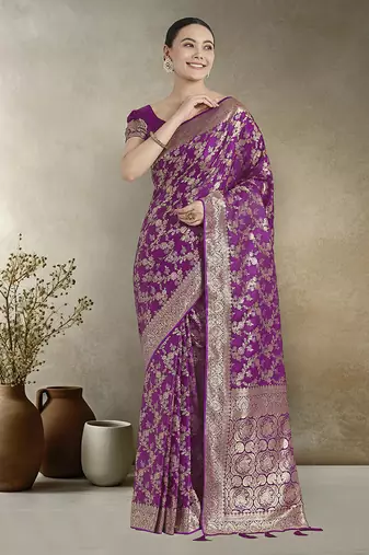 Effervescent purple soft banarasi satin silk saree with elision blouse piece