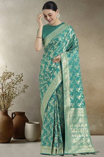 Effervescent turquoise soft banarasi satin silk saree with elision blouse piece