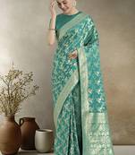 Effervescent turquoise soft banarasi satin silk saree with elision blouse piece