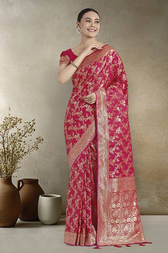 Effervescent bright pink soft banarasi satin silk saree with elision blouse piece