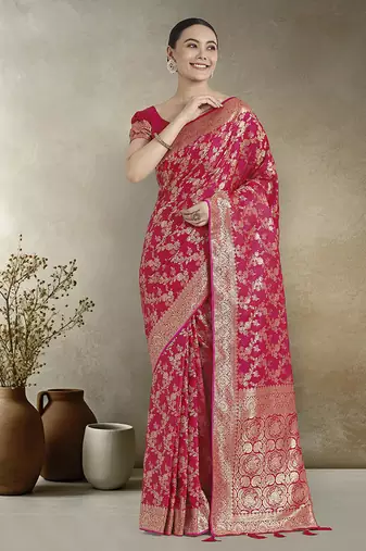 Effervescent bright pink soft banarasi satin silk saree with elision blouse piece