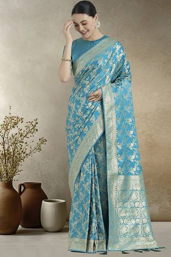 Effervescent aqua blue soft banarasi satin silk saree with elision blouse piece