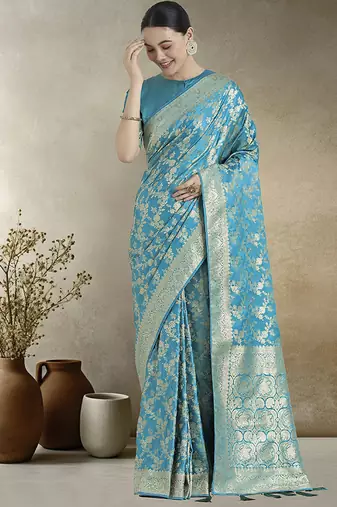 Effervescent aqua blue soft banarasi satin silk saree with elision blouse piece