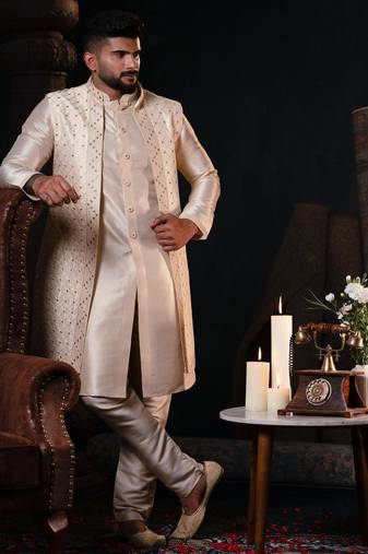 Cream mirror embroidery open jacket kurta set
