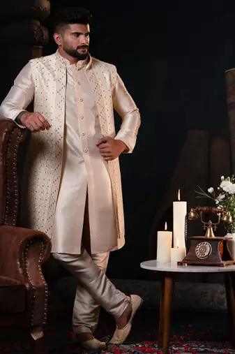 Cream mirror embroidery open jacket kurta set