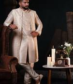 Cream mirror embroidery open jacket kurta set
