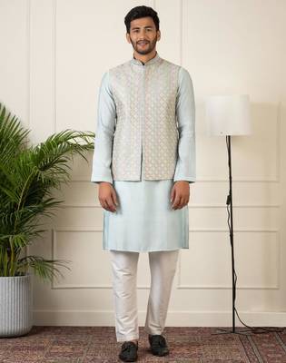 Grey embroidered jacket kurta set 1