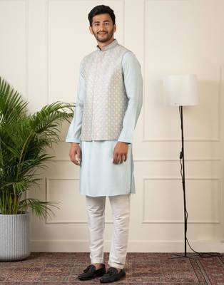 Grey embroidered jacket kurta set 5