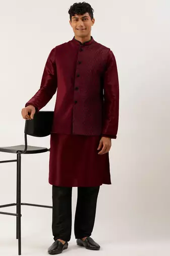 Maroon  embroidered jacket kurta set