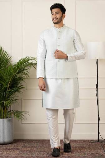 Sky blue embroidered jacket kurta set