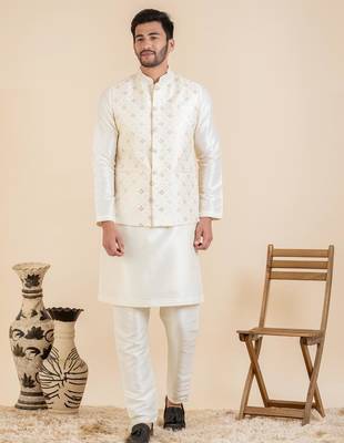Cream sequin embroidered jacket kurta set 1