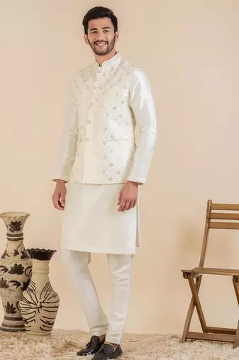 Cream sequin embroidered jacket kurta set