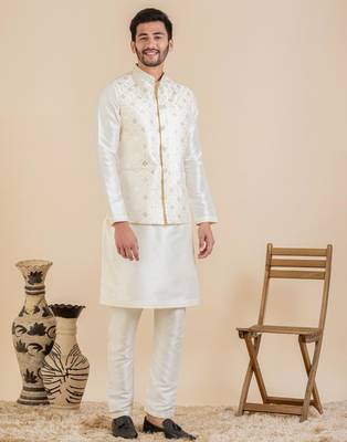 Cream sequin embroidered jacket kurta set 4
