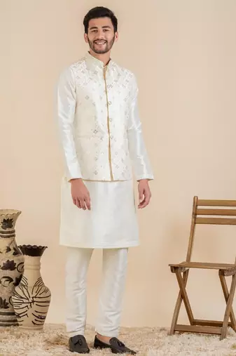 Cream sequin embroidered jacket kurta set
