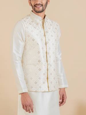 Cream sequin embroidered jacket kurta set 5