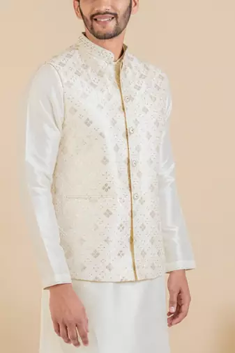 Cream sequin embroidered jacket kurta set