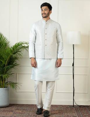 Light blue embroidered jacket kurta set 1