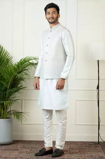 Light blue embroidered jacket kurta set