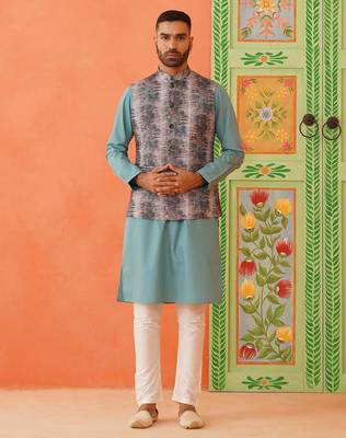 Green printed jacket kurta set 1