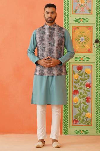 Green printed jacket kurta set