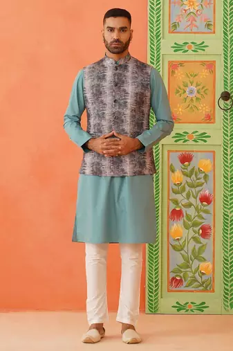 Green printed jacket kurta set