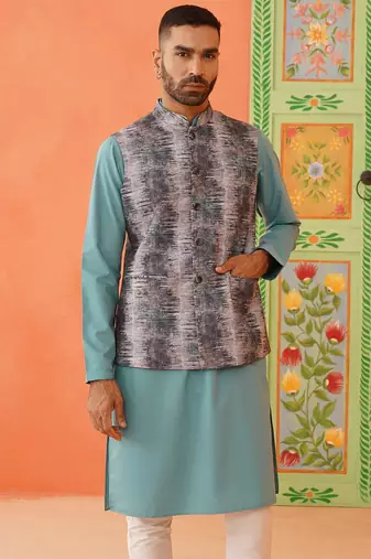 Green printed jacket kurta set
