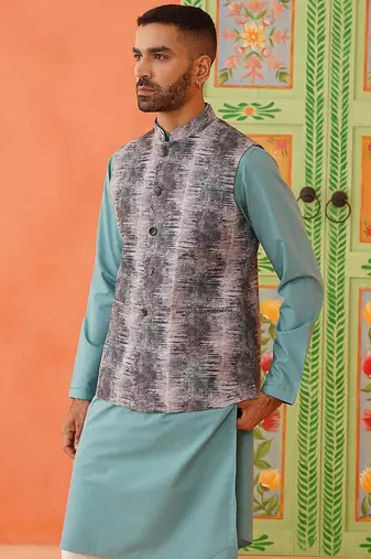Green printed jacket kurta set