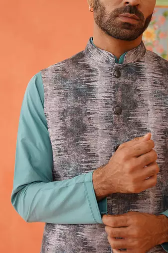 Green printed jacket kurta set