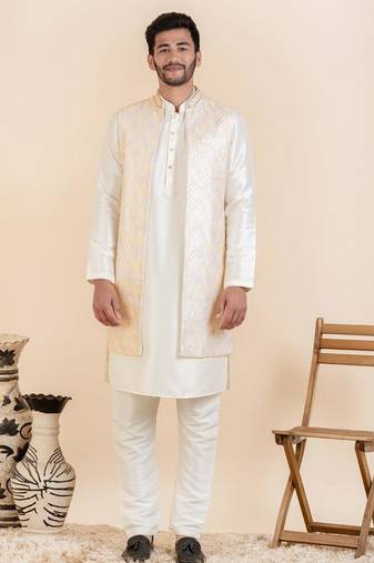 Off white embroidered bundi with kurta set