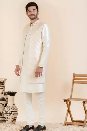 Off white embroidered bundi with kurta set