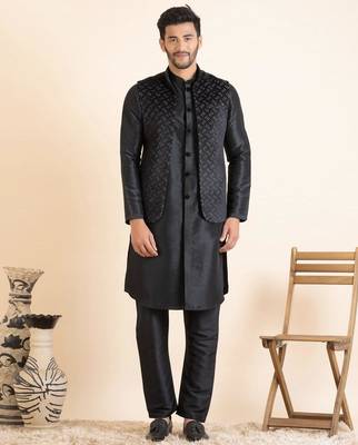 Black lazer cut jacket with front open kurta set 1