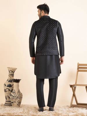 Black lazer cut jacket with front open kurta set 2