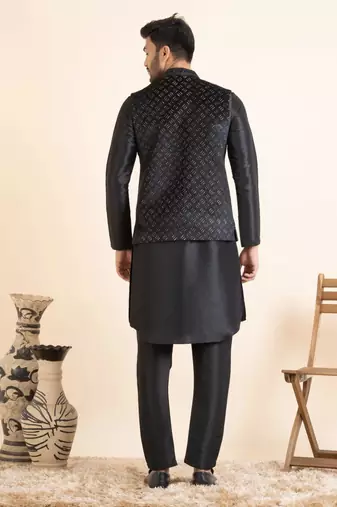 Black lazer cut jacket with front open kurta set