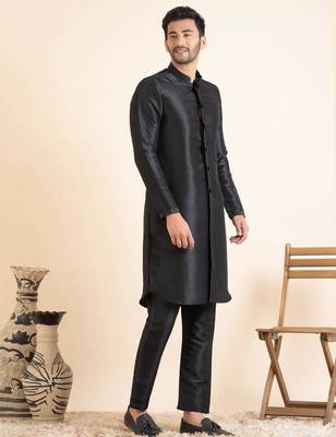 Black lazer cut jacket with front open kurta set 3