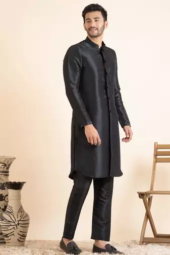 Black lazer cut jacket with front open kurta set