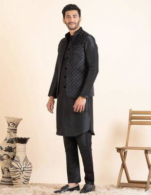 Black lazer cut jacket with front open kurta set 4