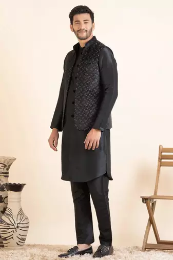 Black lazer cut jacket with front open kurta set