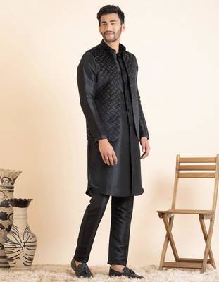 Black lazer cut jacket with front open kurta set 5