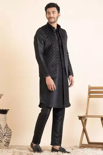 Black lazer cut jacket with front open kurta set
