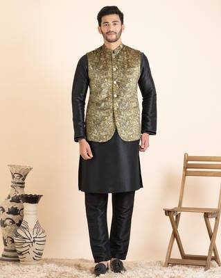Beige velvet printed cotton jacket kurta set 1