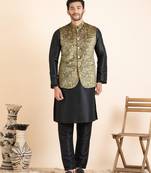 Beige velvet printed cotton jacket kurta set
